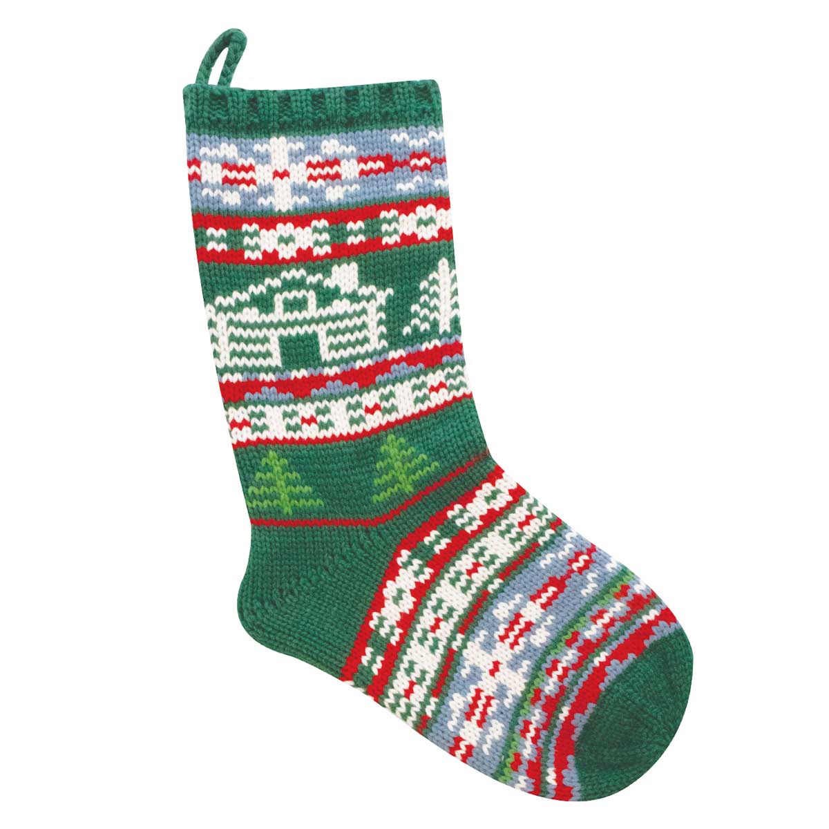 A festive Christmas stocking with a green base and colorful knit patterns of red, white, and light blue, featuring a cabin and tree motifs.