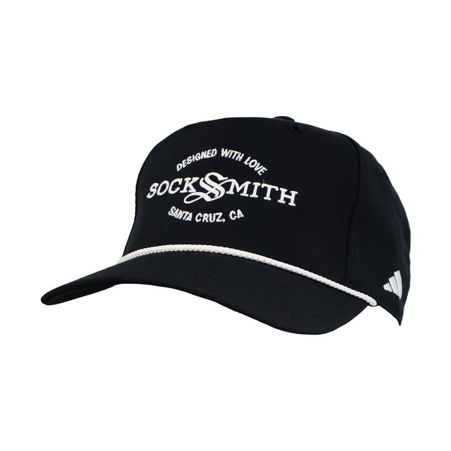 A black rope trucker hat with 'SOCKSMITH' branding and the text 'DESIGNED WITH LOVE Santa Cruz, CA' on the front.