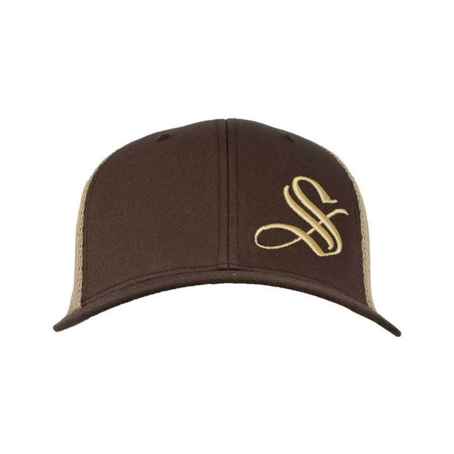 A brown and beige Flexfit hat with Socksmith's trademark "S" logo prominently featured.