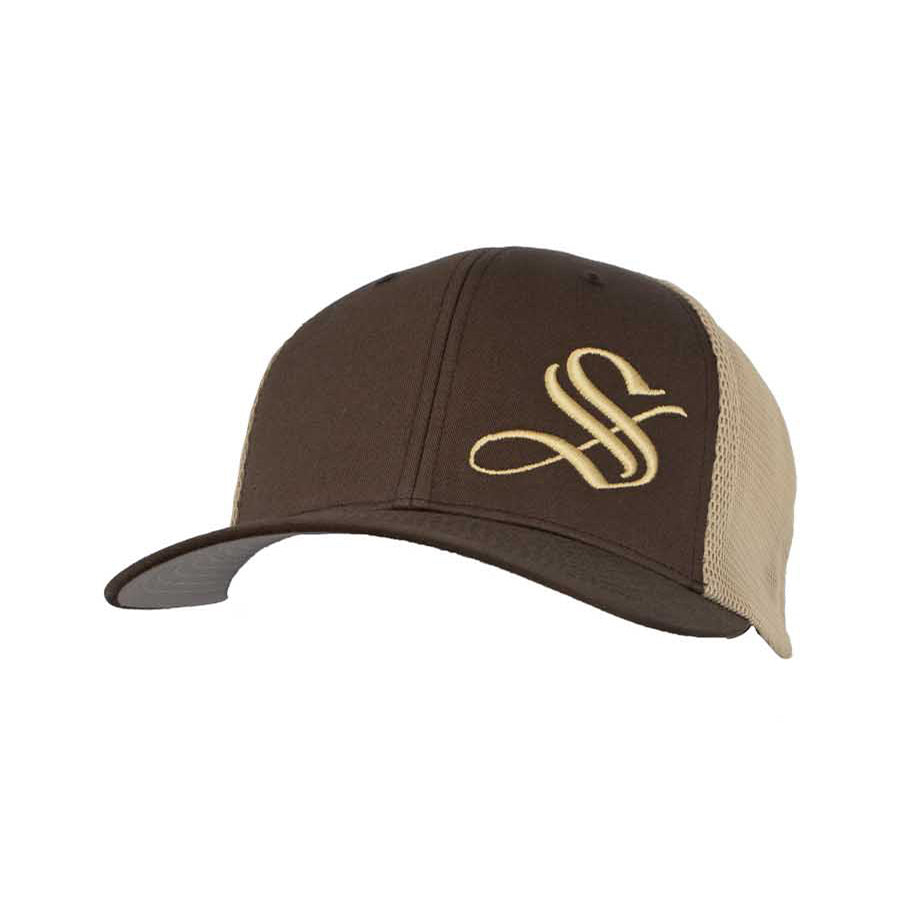 A brown and beige Flexfit hat with Socksmith's trademark "S" logo prominently featured.
