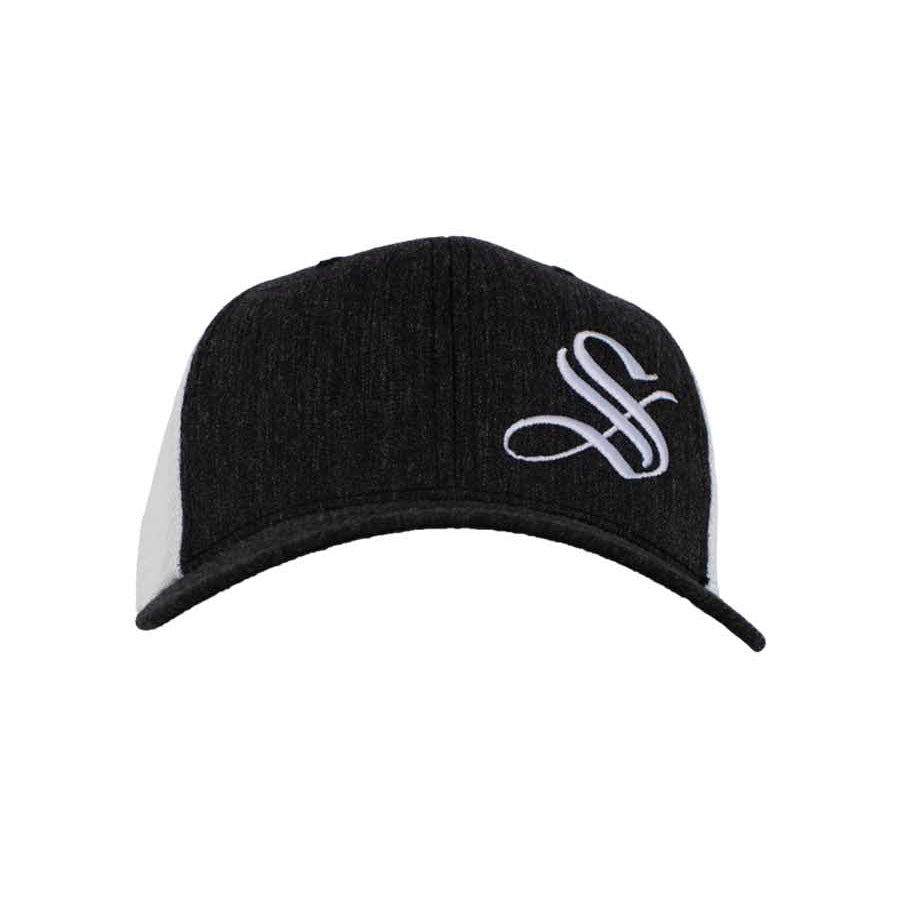 A charcoal gray and white trucker hat with Socksmith's trademark "S" logo prominently featured.