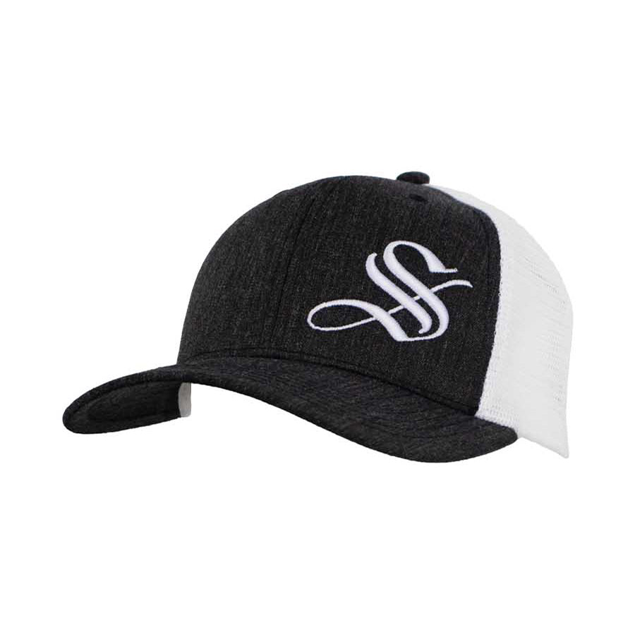 A charcoal gray and white trucker hat with Socksmith's trademark "S" logo prominently featured.