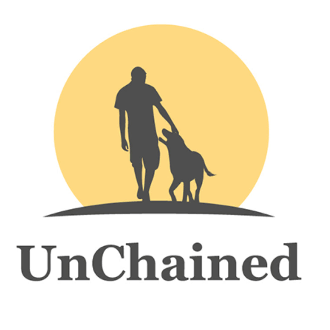Logo of 'UnChained' with a silhouette of a person and dog against a yellow circle background.