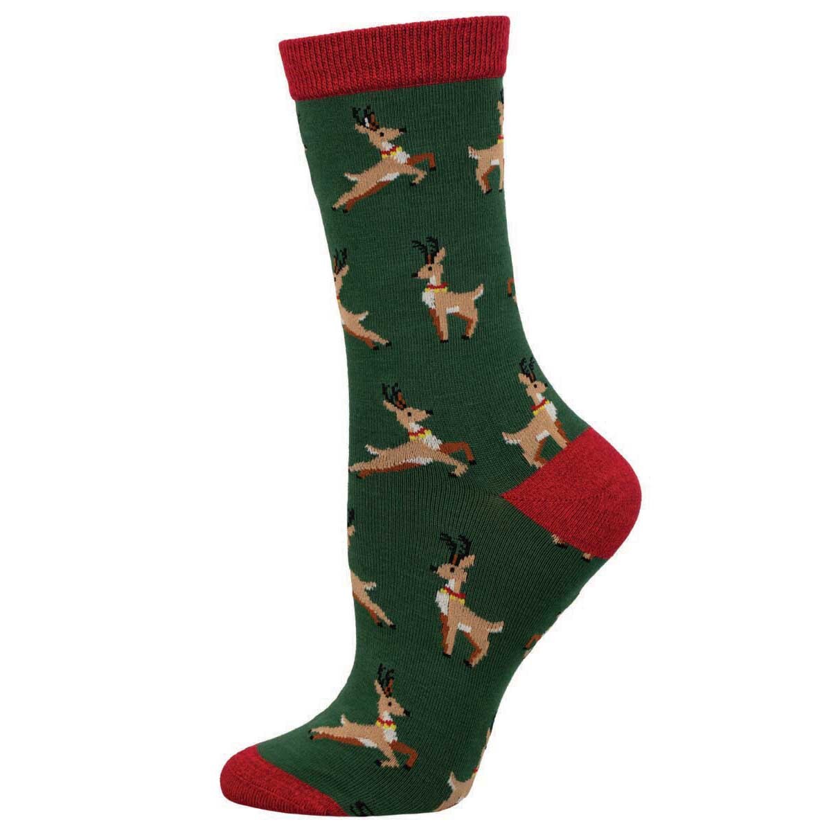 A pair of green bamboo socks with a pattern of reindeer leaping in a Christmas-themed design.