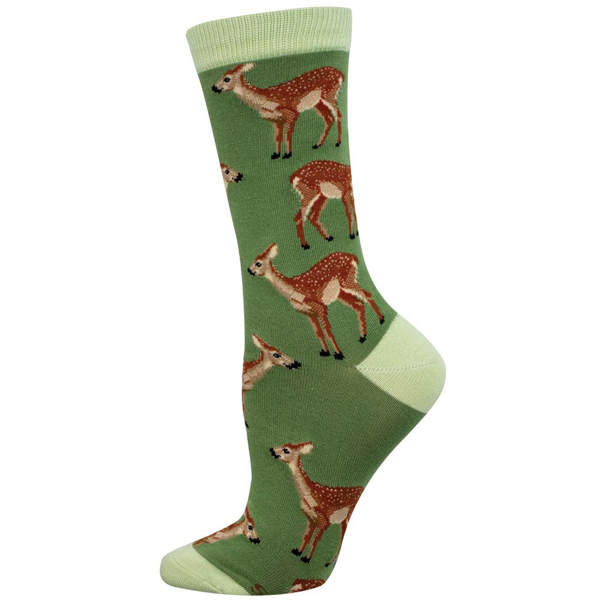 A green crew sock with a pattern of fawn deer.