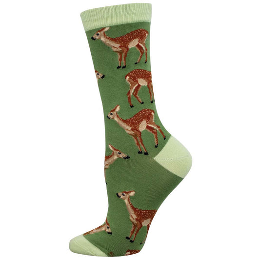 A green crew sock with a pattern of fawn deer.
