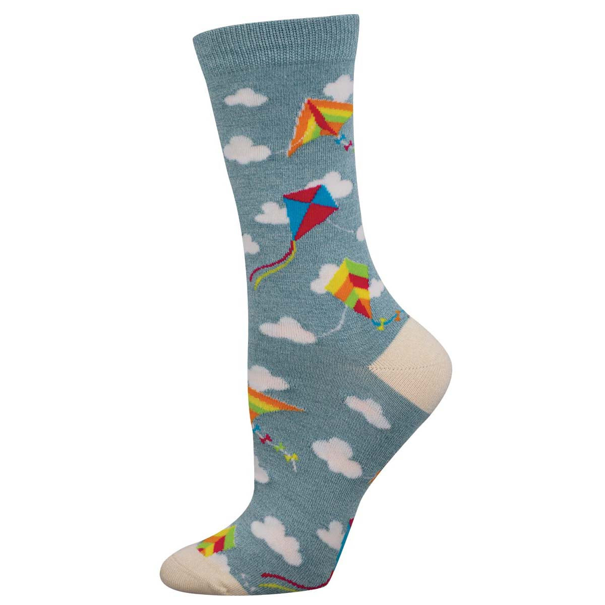 A pair of blue crew socks with a pattern of colorful kites and clouds.