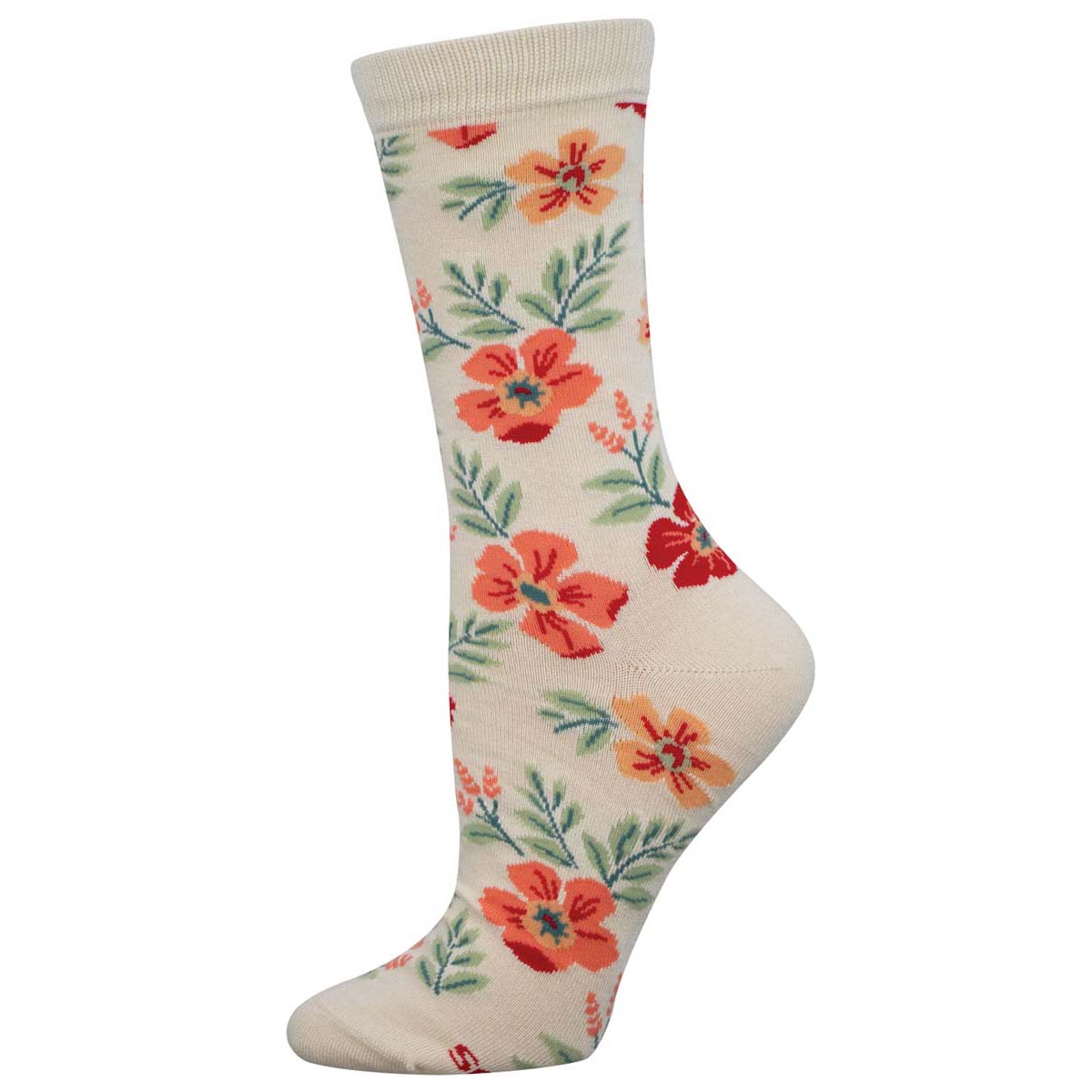A pair of white crew socks with a floral pattern featuring shades of orange and green.