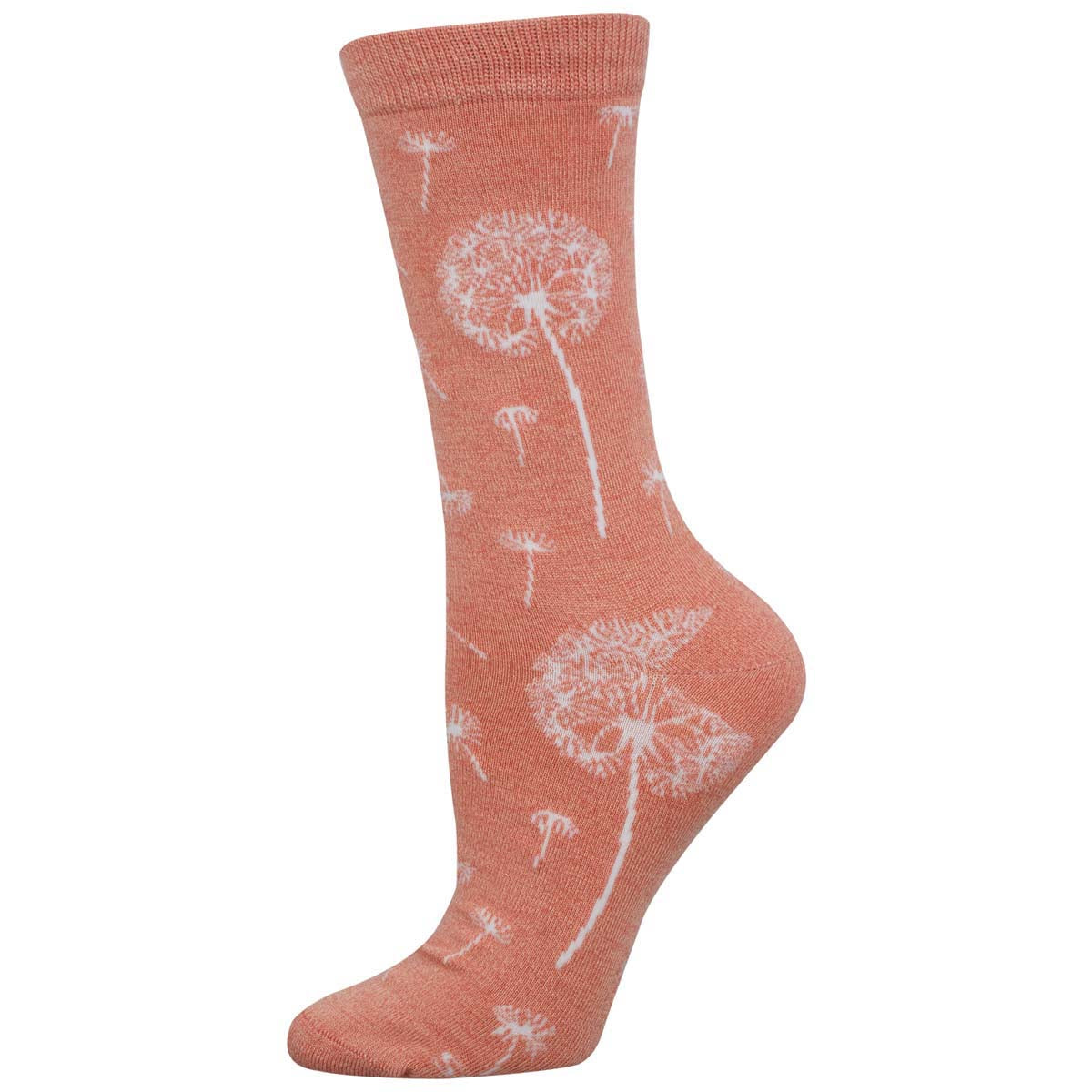 A pair of peach crew socks with a dandelion pattern