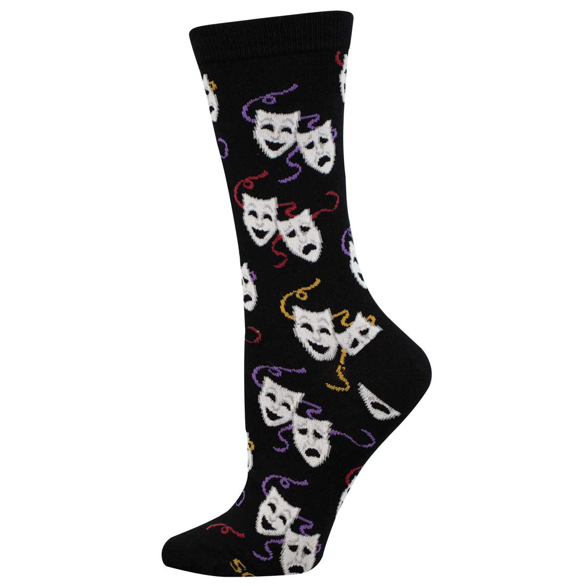 A pair of black socks with a pattern of white theatrical masks in a repeated design.