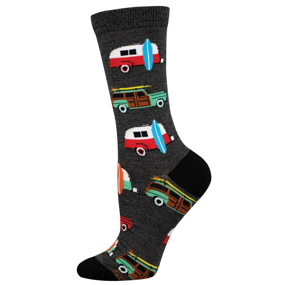 A pair of socks with a pattern that includes vintage cars and surfboards on a gray background.