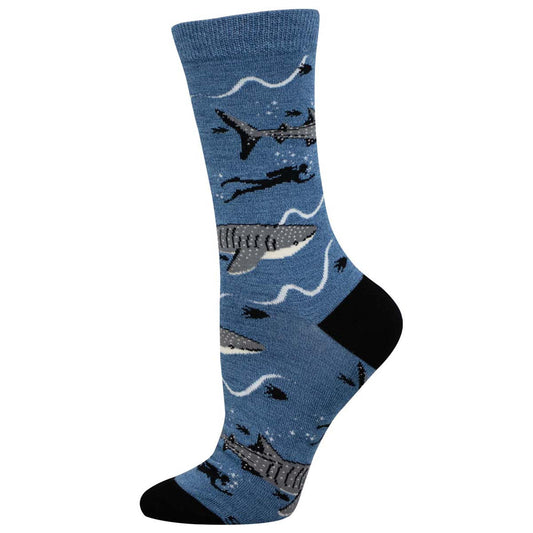 A blue sock with a pattern of whale sharks and marine life.