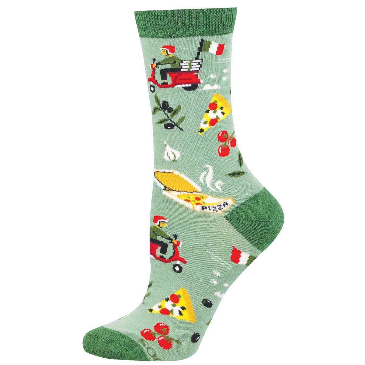 Colorful sock with pizza-themed design on a light green background