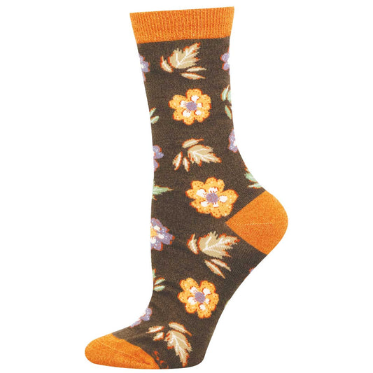 brown sock with orange and purple floral pattern