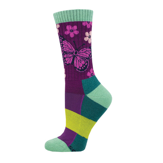 A pair of colorful purple merino wool socks with a butterfly pattern, designed for outdoor activities.