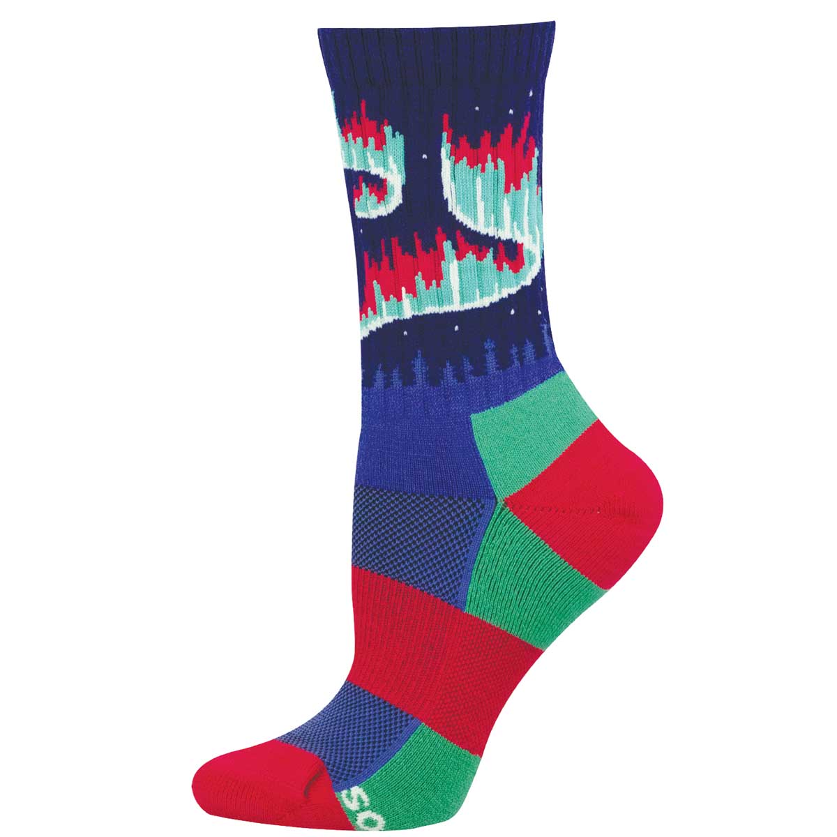 Colorful sock with the aurora borealis in the night sky with tree silhouettes 