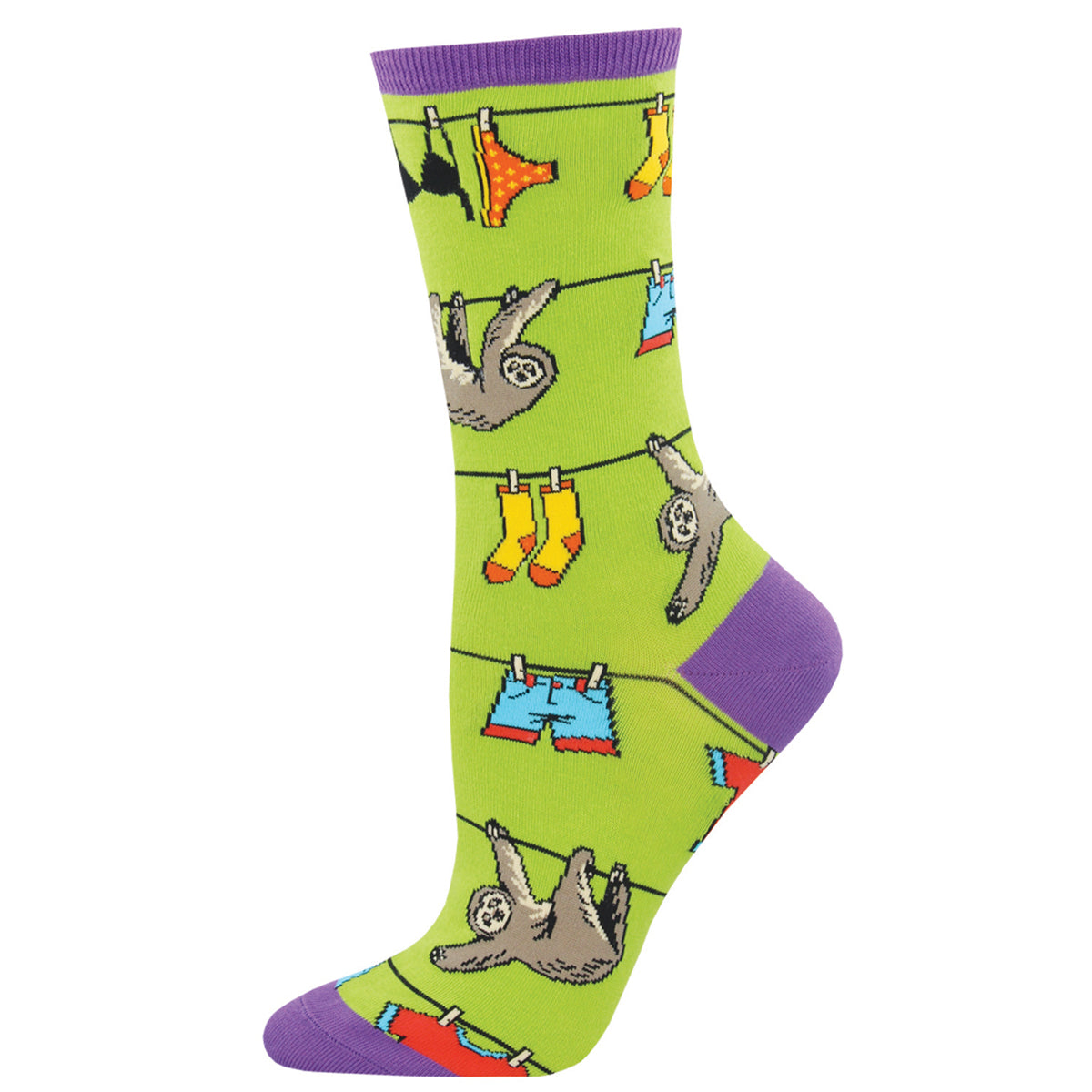 A pair of neon green crew socks with a pattern of sloths hanging from clothespins and various garments on a clothesline.