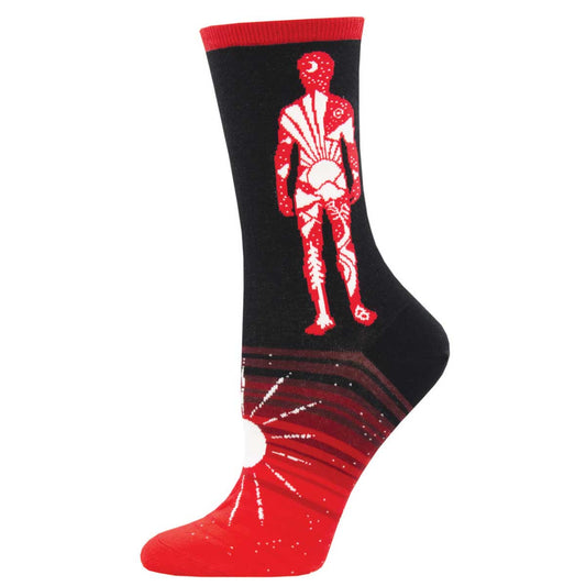 Women's Cotton Crew Socks - AtomicChild Design Featuring Outline of Human with Celestial Pattern - Blue and Red - Socksmith