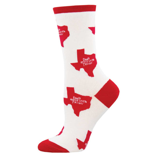 Women's Cotton Crew Socks - Texas Map Design with "Don't Mess With Texas" Text - Red and White - Socksmith