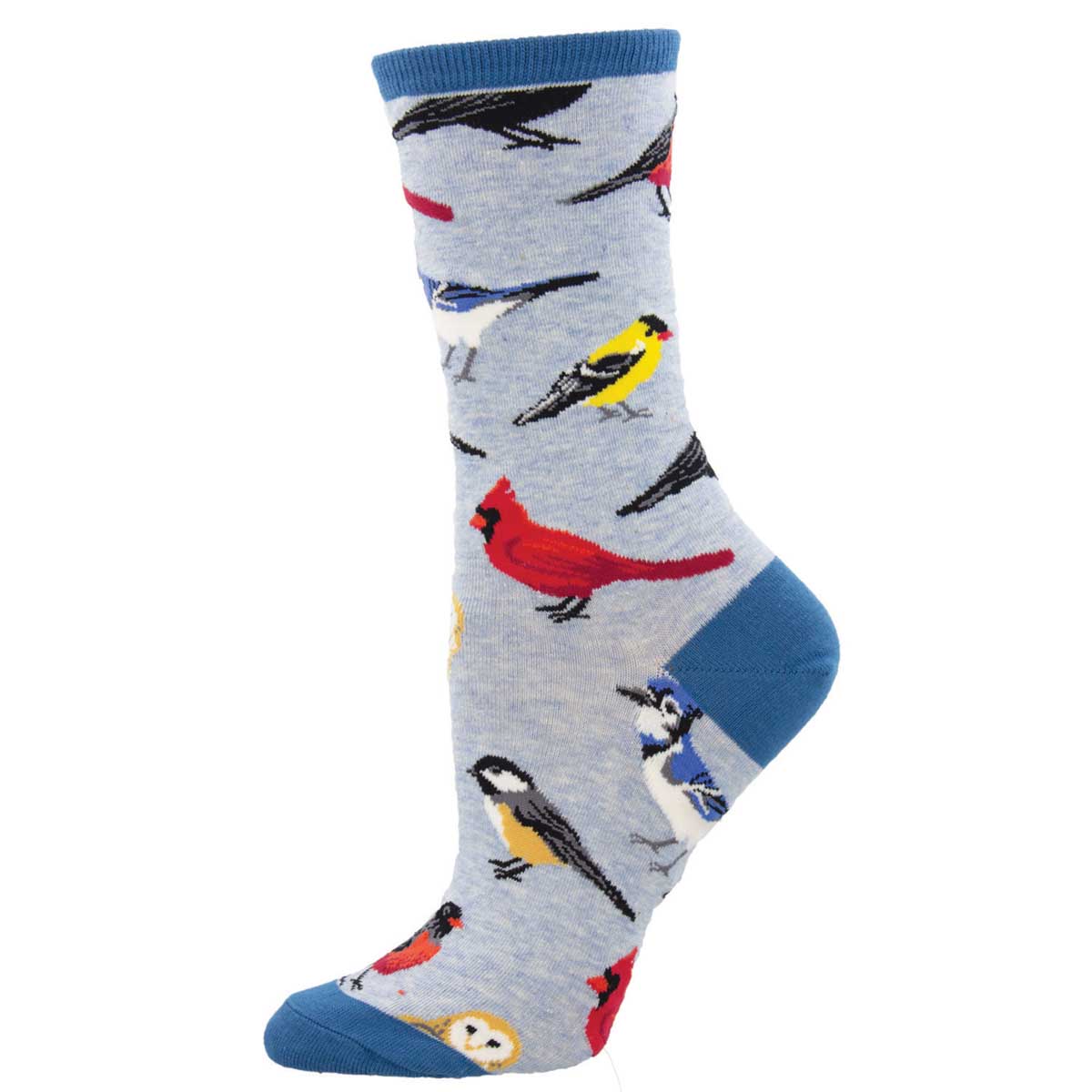Women's Cotton Crew Socks - Bird Illustrations Design - Blue Heather - Socksmith