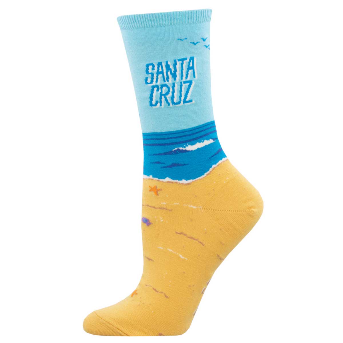 Women's Cotton Crew Socks - Beach Theme Design with "Santa Cruz" Text - Blue and Sand - Socksmith