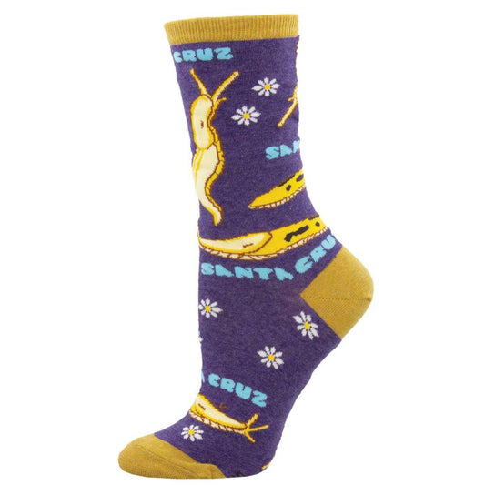 Women's Cotton Crew Socks - Yellow "Banana" Slugs and Flowers with "Santa Cruz" Text - Purple with Mustard Yellow Cuff, Heel, and Toe - Socksmith
