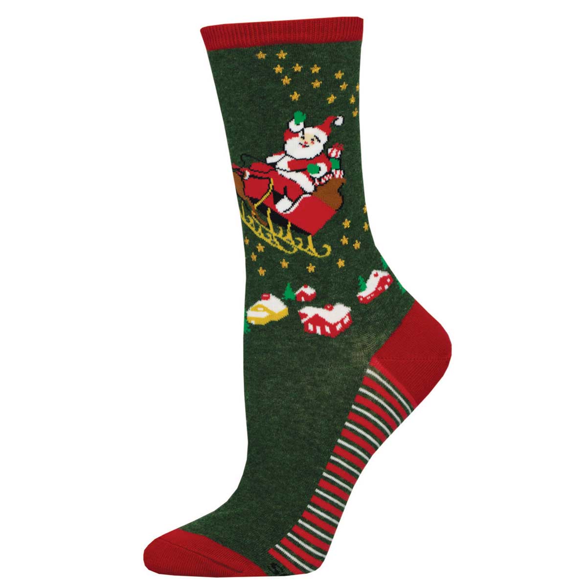 Women's Cotton Crew Socks - Christmas Theme with Santa Claus Riding Sleigh - Green with Red Cuff, Heel, and Toe - Socksmith