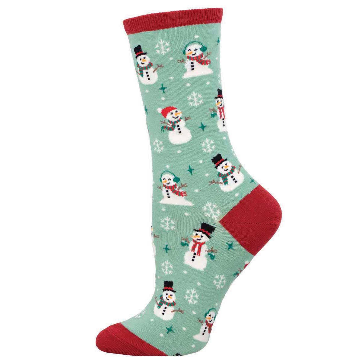 A pair of green crew socks with a pattern of snowmen and snowflakes, featuring red accents at the heels and toes.