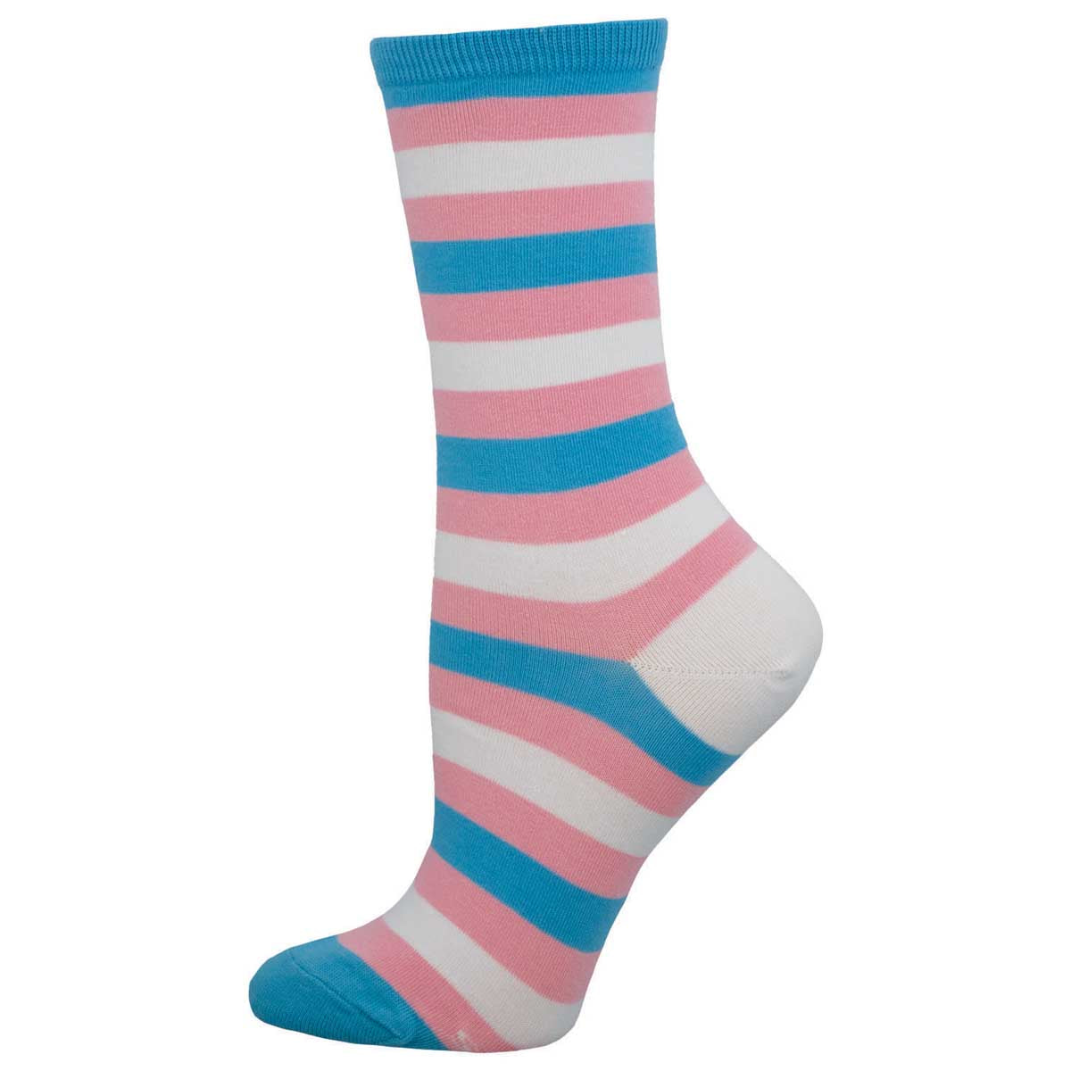 A pair of striped socks with blue, pink, and white colors, likely designed to support trans rights based on the product description.