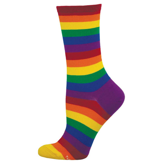 A pair of colorful rainbow striped socks with red, orange, yellow, green, blue, and purple stripes.