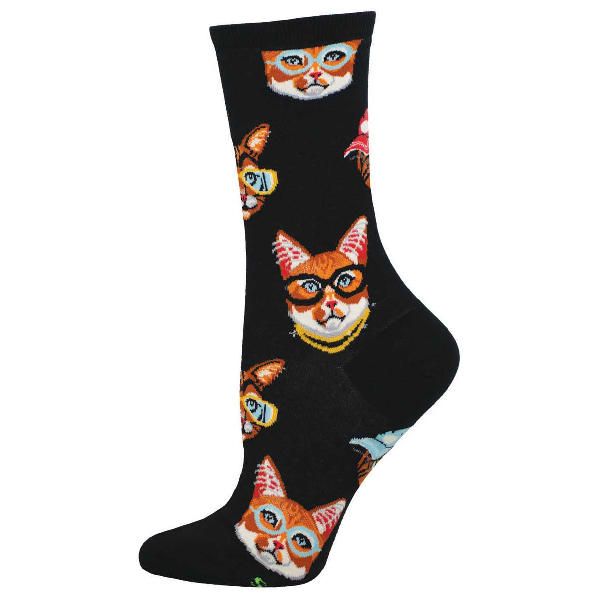A pair of black crew socks with a pattern of colorful cat faces.
