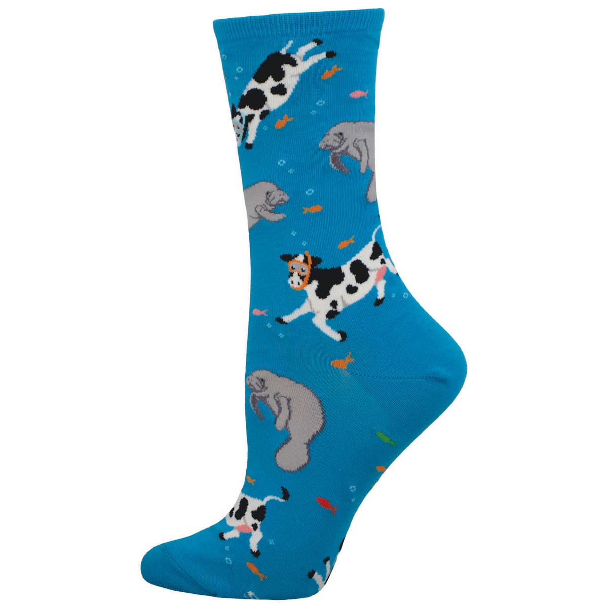 A pair of blue cotton crew socks featuring playful sea cow (manatee) designs and other marine life.