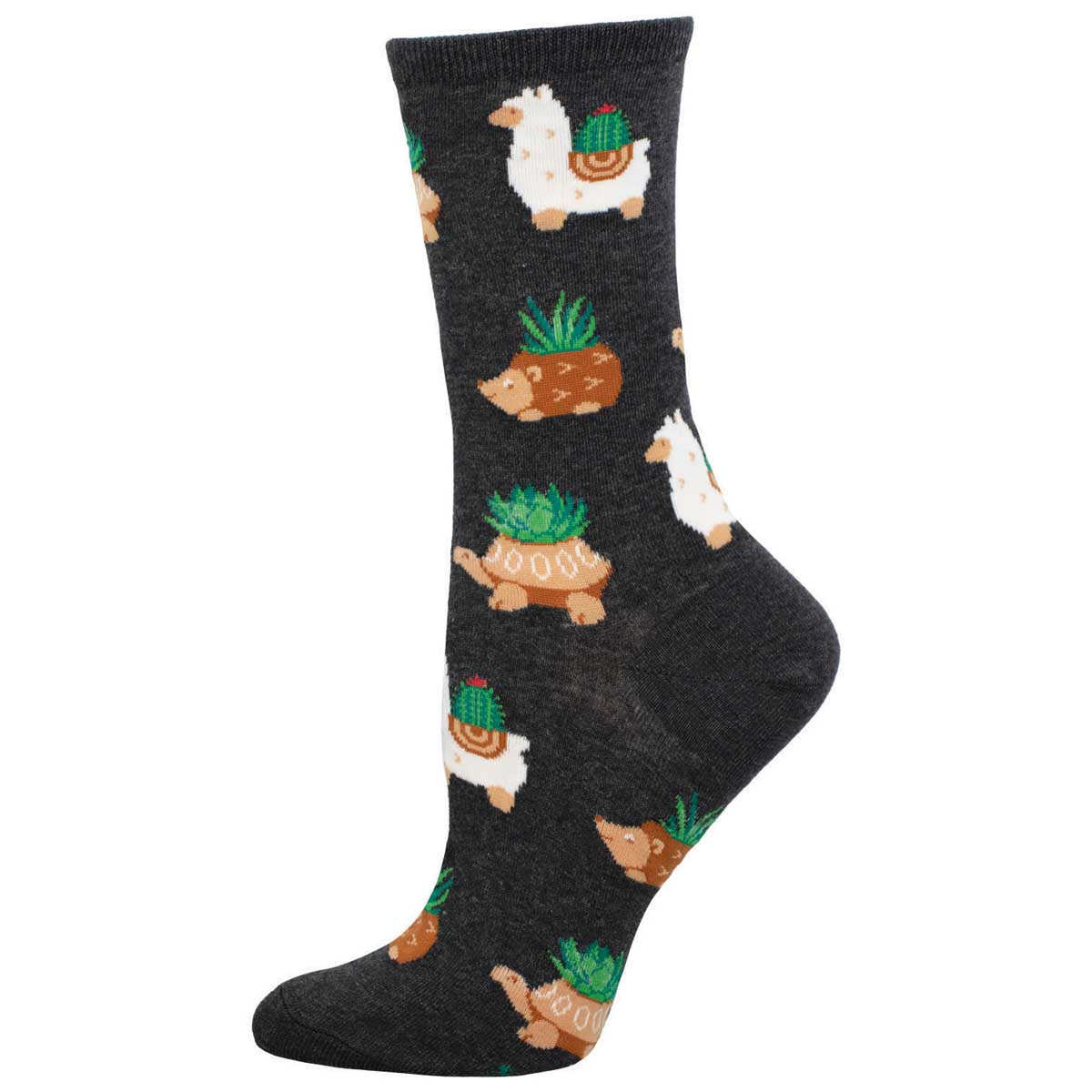 A pair of women's crew socks with a pattern of cacti and animals, predominantly in charcoal gray, green, and white colors.