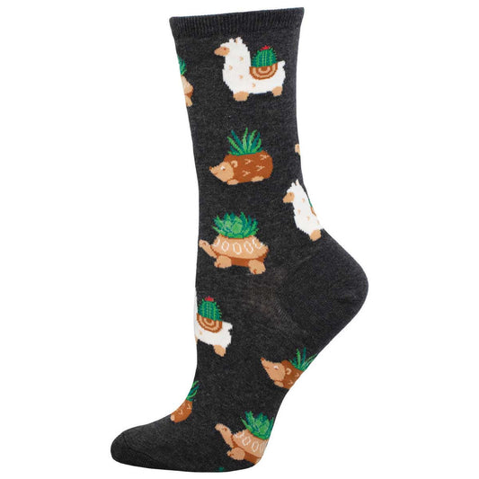 A pair of women's crew socks with a pattern of cacti and animals, predominantly in charcoal gray, green, and white colors.