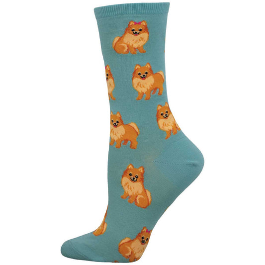 A blue cotton crew sock with a pattern of orange Pomeranian dogs.
