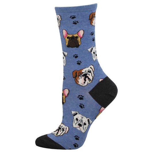 A pair of blue cotton socks with a pattern of bulldog faces, paws, and other dog-related imagery.