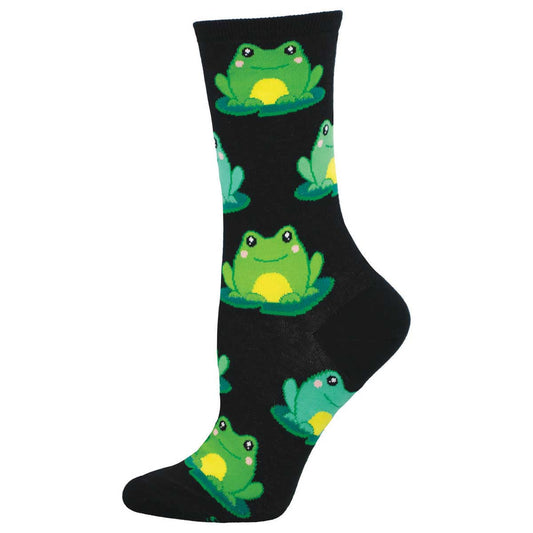 A pair of black crew socks with a pattern of cartoon green frogs on them.