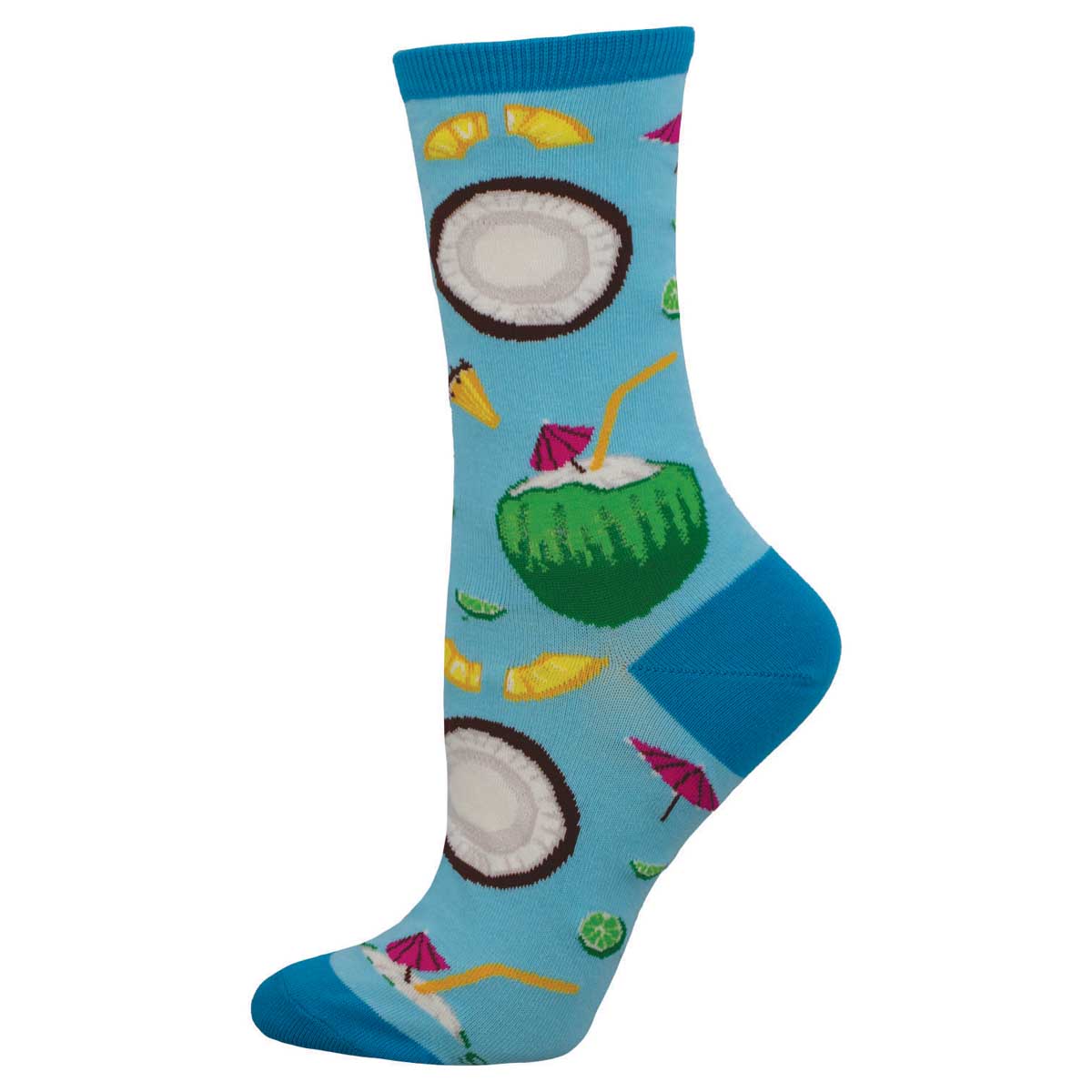 A pair of women's socks with a tropical design, featuring images of limes, coconuts, and umbrella drinks, set against a blue background.