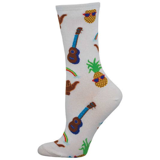 A pair of white crew socks with a Hawaiian motif, featuring colorful patterns including pineapples and ukuleles.