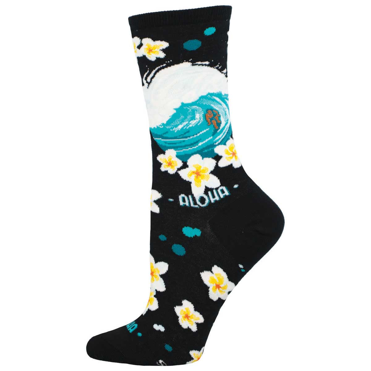 A pair of black crew socks with a floral pattern featuring blue waves and white and yellow flowers, along with the text 'Aloha'.