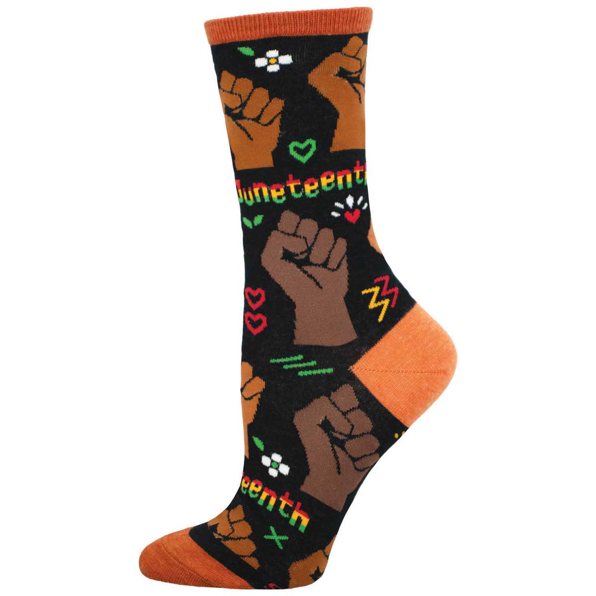 A pair of colorful socks featuring the text 'Juneteenth', raised fists, and other symbols of African American cultural and historical significance.