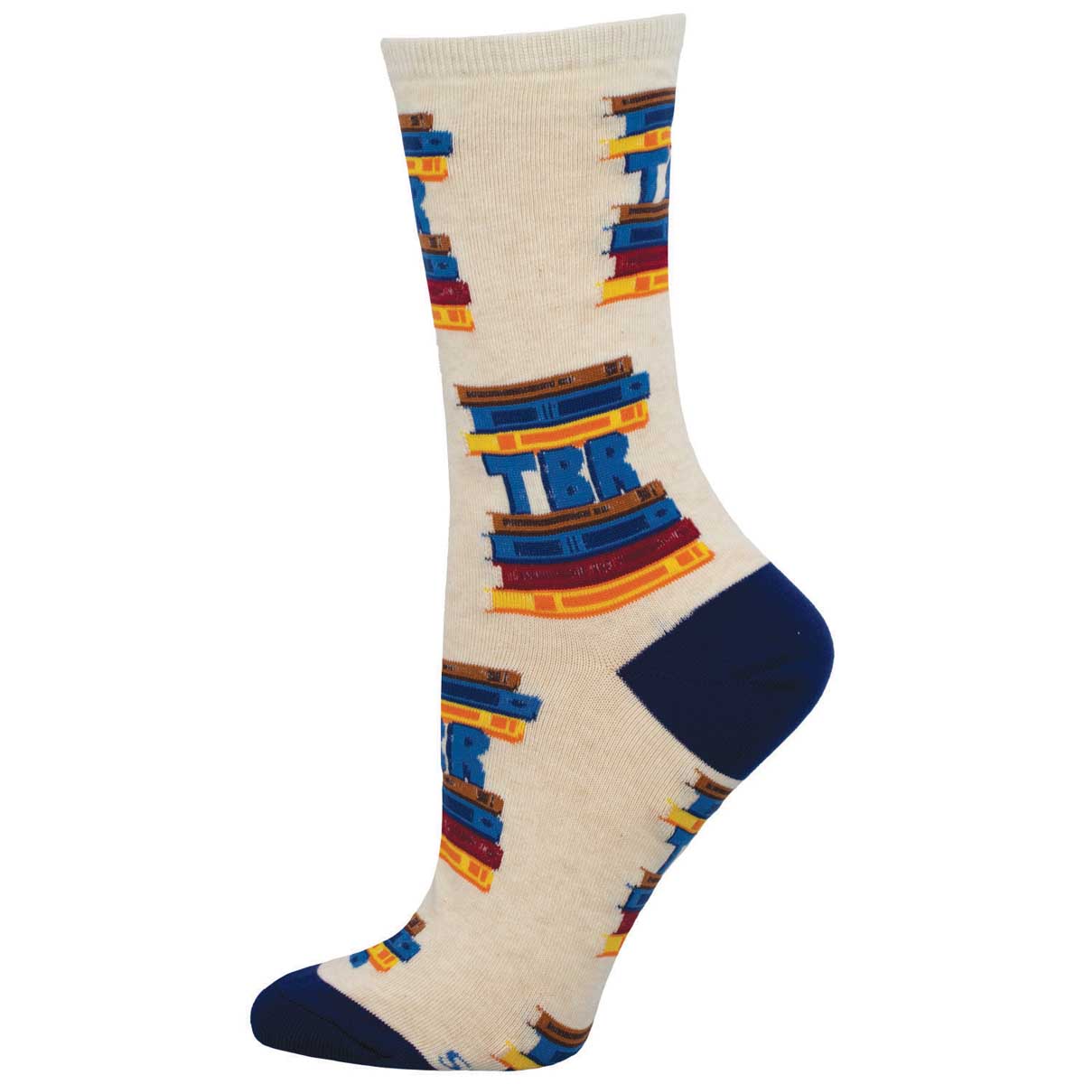 A pair of cotton crew socks with a pattern resembling stacked books in blue, red, and yellow on a beige background.