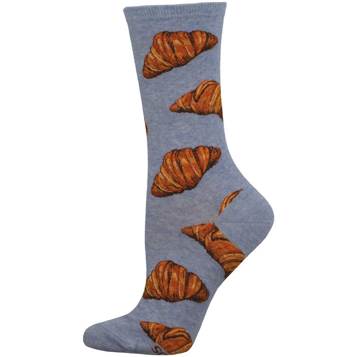 A pair of heather blue cotton crew socks with a pattern of croissants.