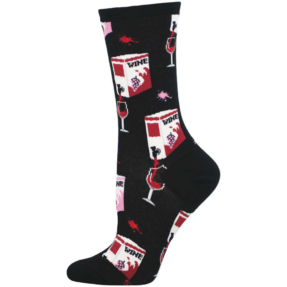 A pair of black crew socks with a pattern of boxed wine and wine glasses, suitable for casual wear.