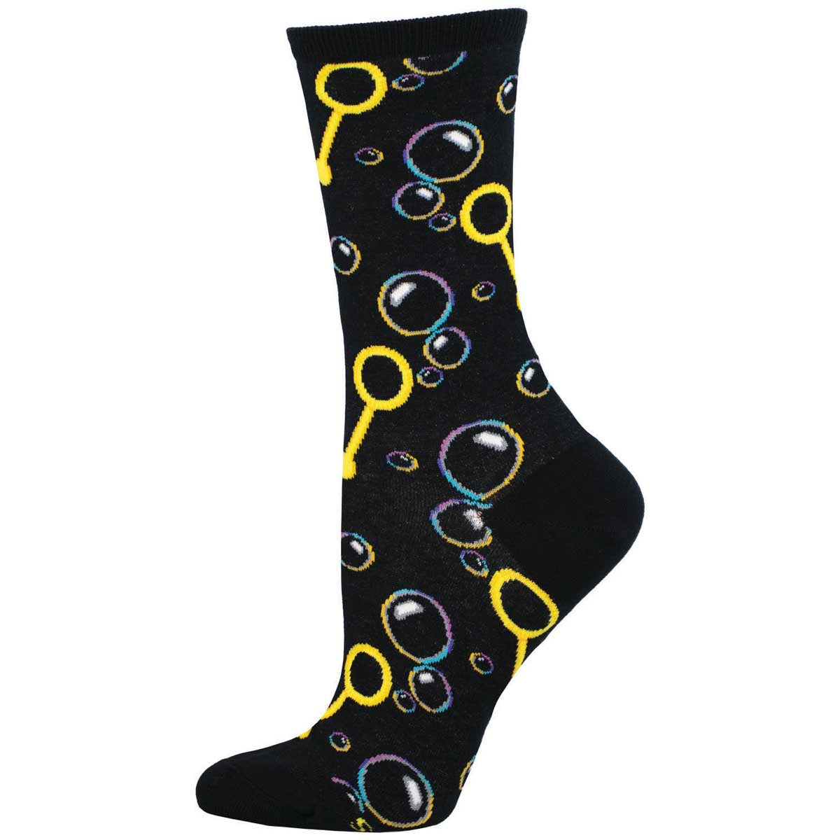 A pair of black crew socks with a playful bubble pattern in colors yellow, blue, and purple.