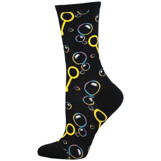 A pair of black crew socks with a playful bubble pattern in colors yellow, blue, and purple.