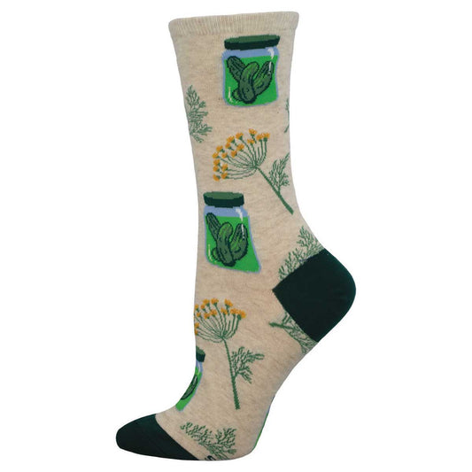 A pair of beige cotton crew socks with a pattern of pickle jars and dill plants.