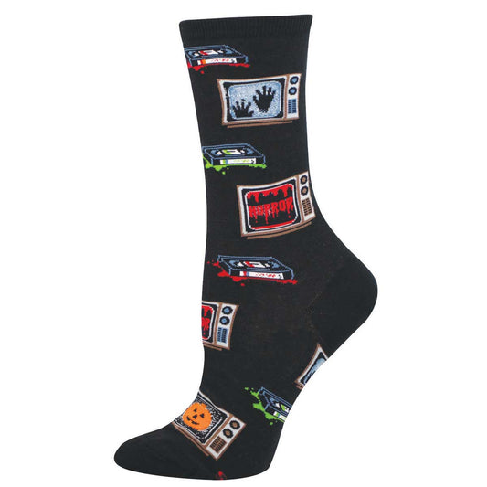 Women's Halloween Cotton Crew Socks - Retro Horror Movies and VHS Tapes - Black - Socksmith