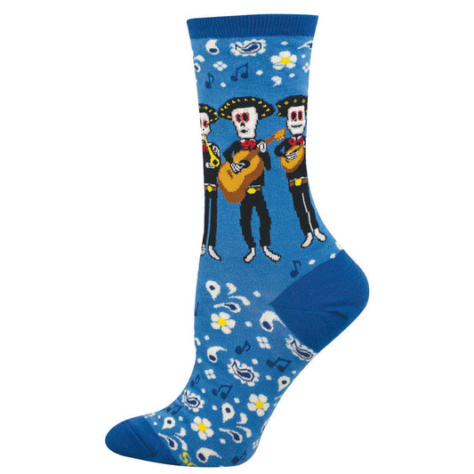 Women's Halloween Cotton Crew Socks - Cute Mariachi Band Day of the Dead Theme - Blue - Socksmith