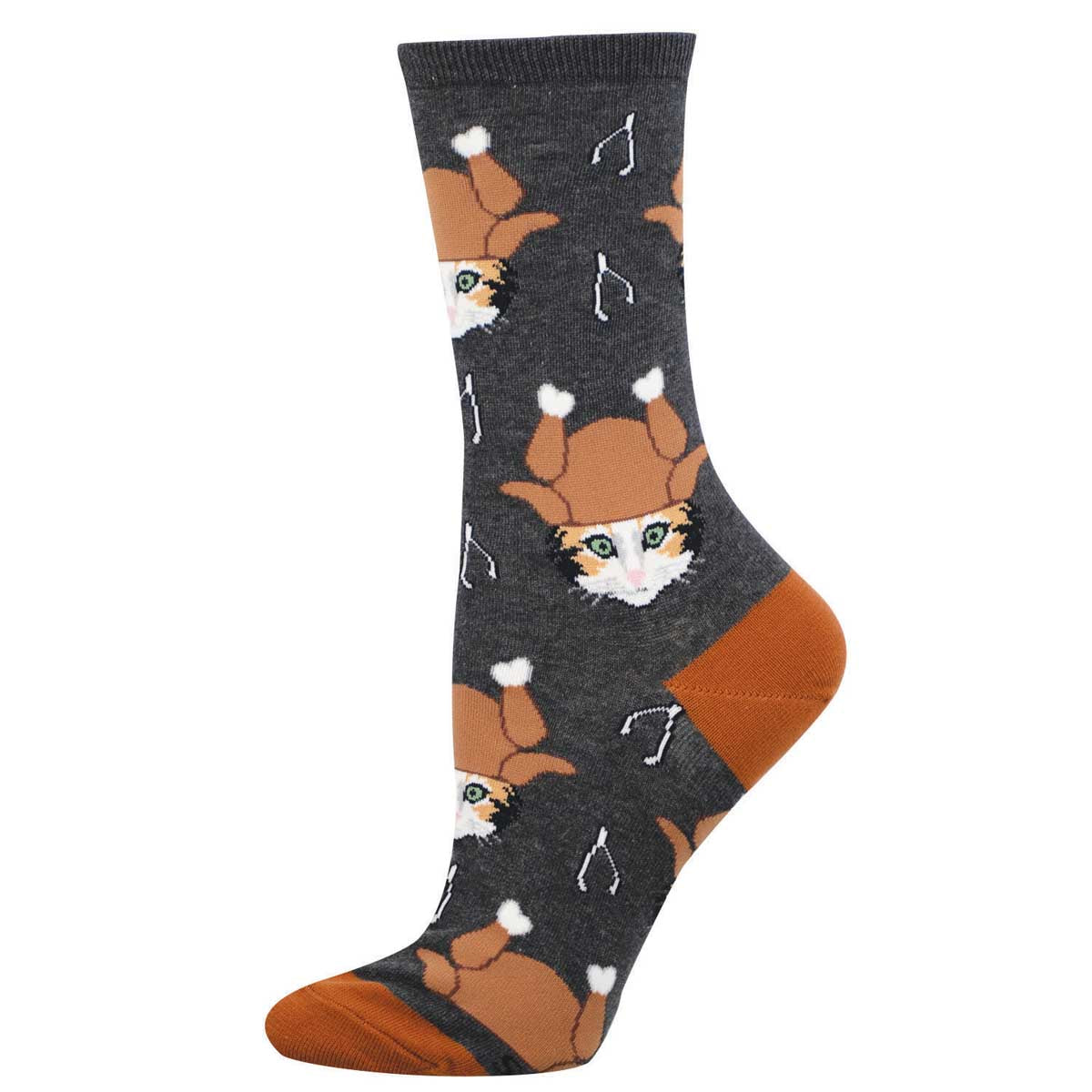 Women's Holiday Cotton Crew Socks - Cat Wearing Funny Turkey Hat - Charcoal Heather - Socksmith